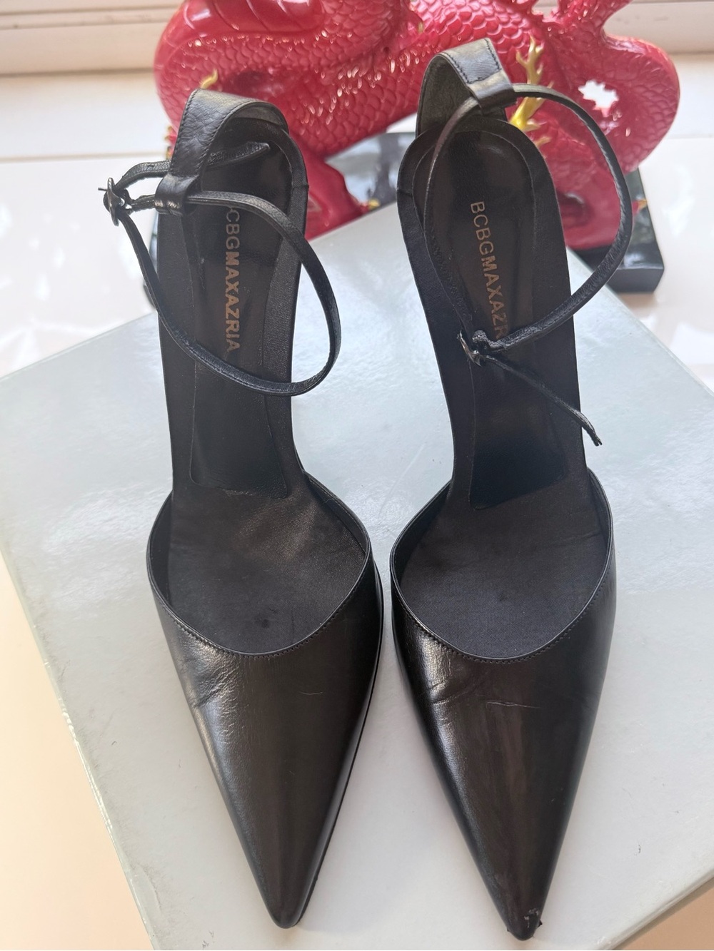 BCBGMaxAzria Black Pointed Leather Ankle-Strap Pumps